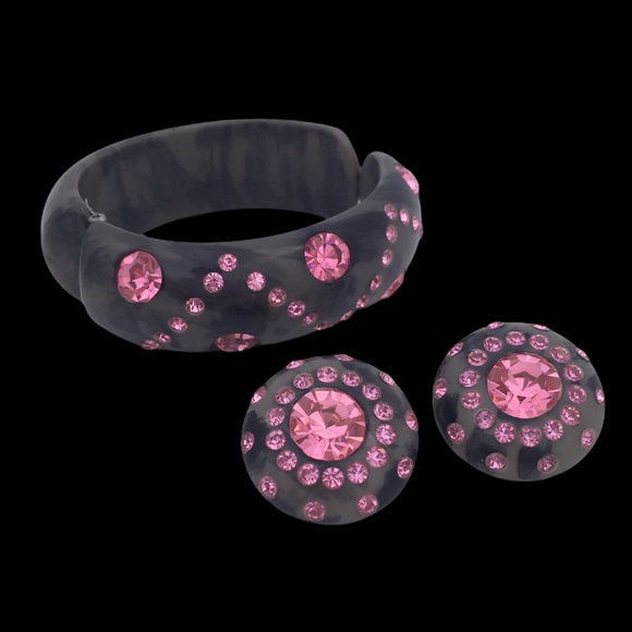 Vintage Marbled Rhinestone Clamper Bracelet Earrin - Picture 2 of 6